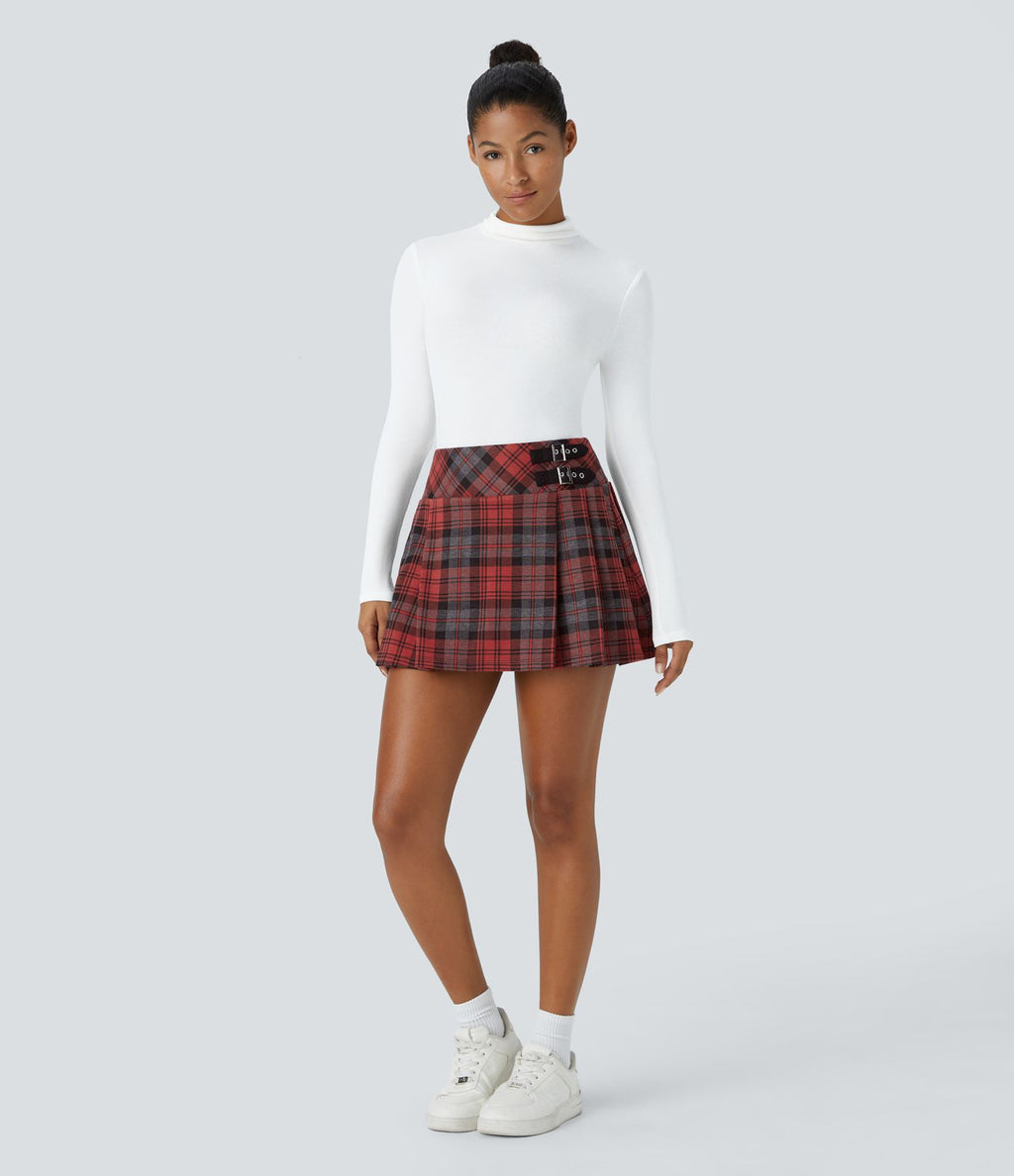High Waisted de Decorative Buckle 2-in-1 Plaid Pleated Mini Casual Skirt