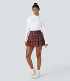 High Waisted de Decorative Buckle 2-in-1 Plaid Pleated Mini Casual Skirt