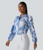 Blouse habillée col V manches longues imprimé tropical botanique