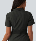 Robe chemise courte casual col manches courtes avec fronces et taille cintrée à rayures