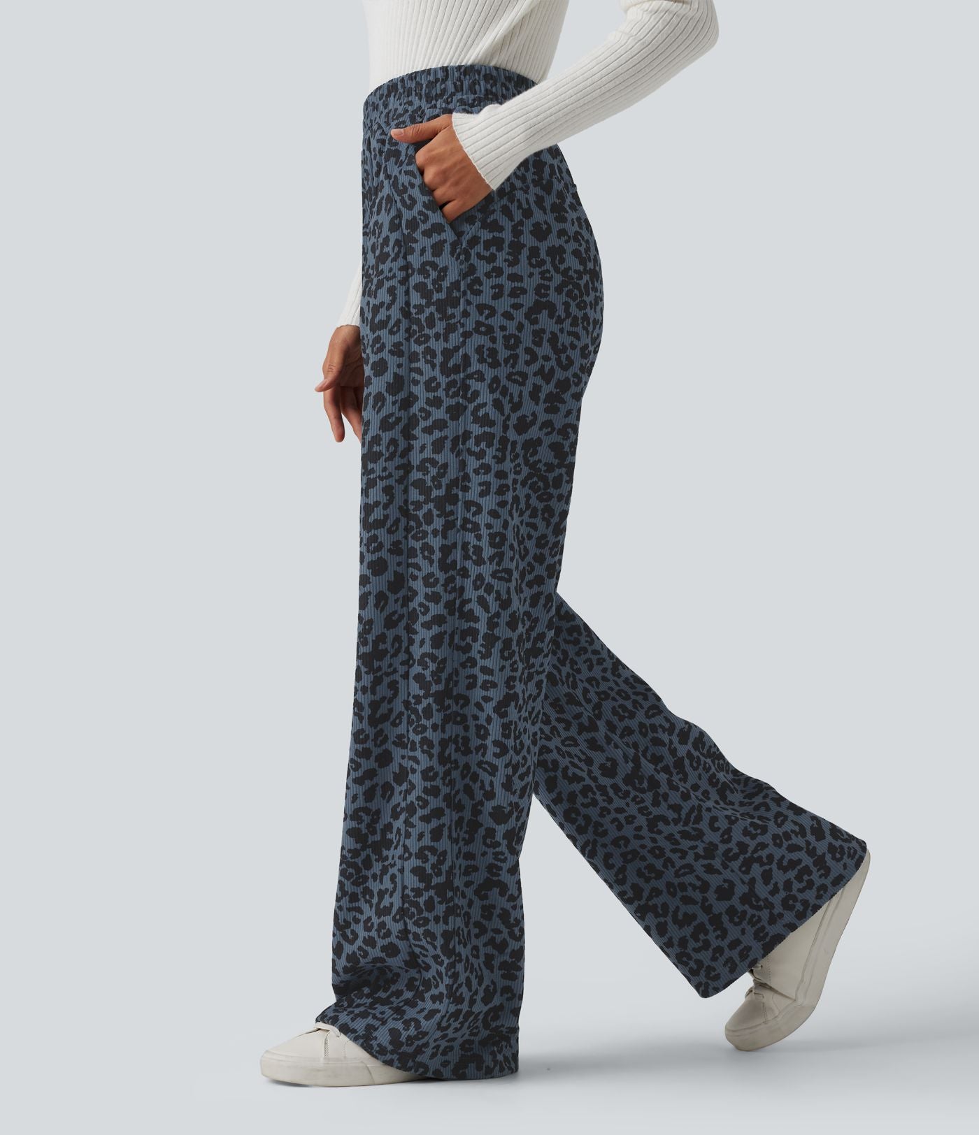 Pantalon léopard velours côtelé imprimé coupe droite mop taille haute avec poches