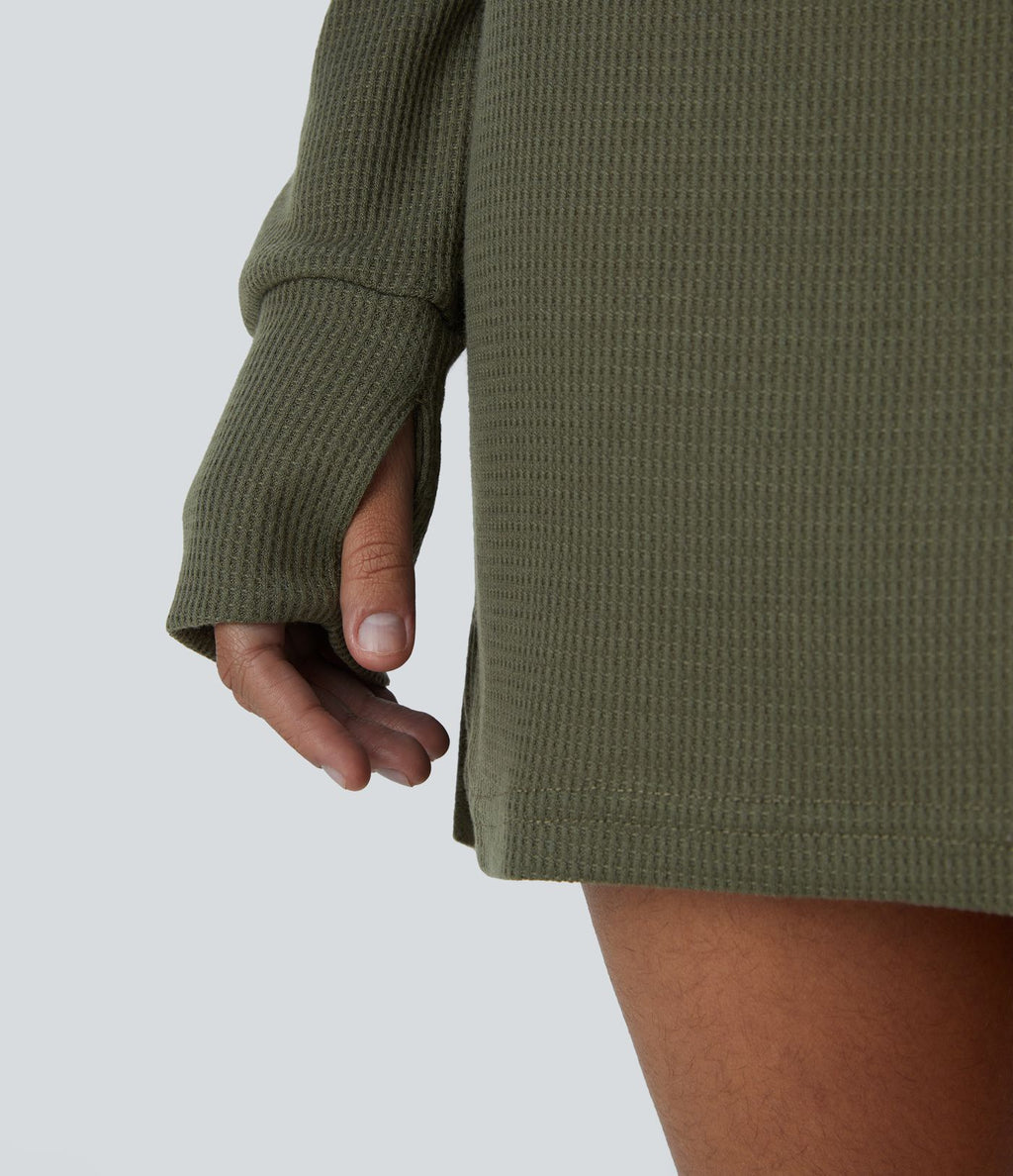Robe Sweatshirt Casual Col Bateau Manches Raglan Avec Trous Pour Les Pouce Ourlet Fendu en Waffle