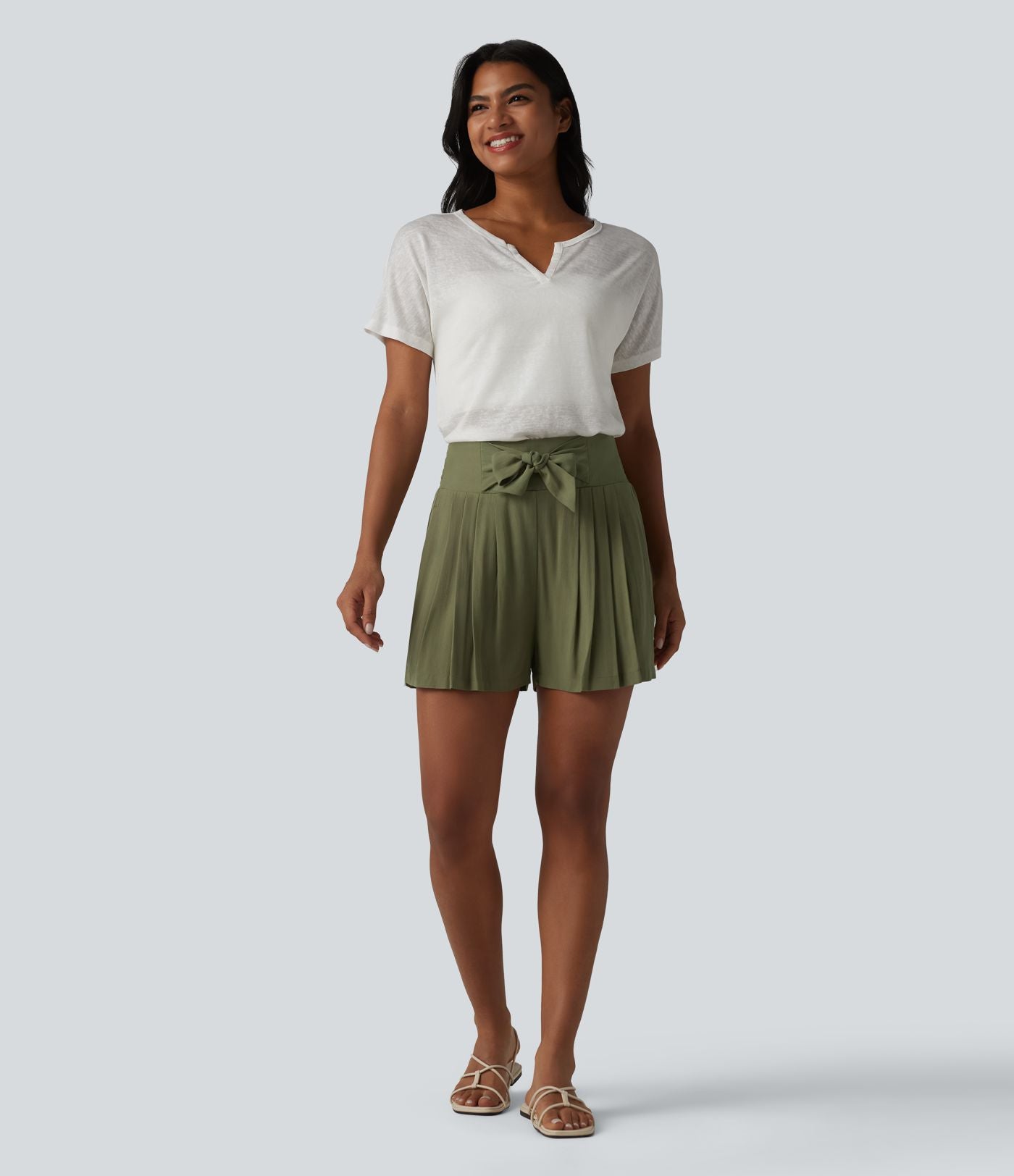 Short casual taille haute à nœud frontal froncé plissé effet lin avec poches