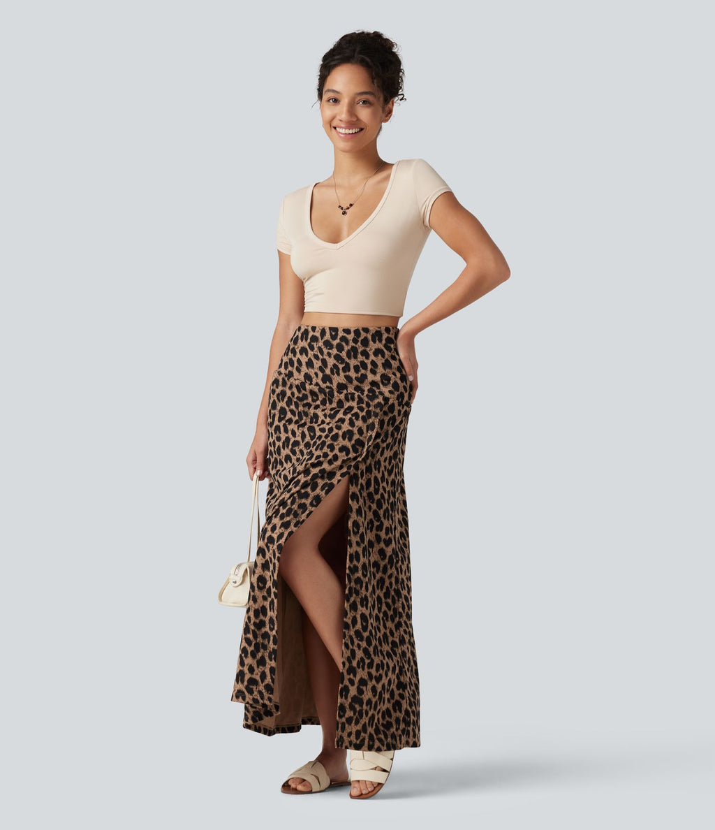 Jupe casual maxi gaufrée léopard taille haute gainante à poche