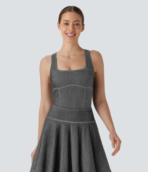 Body de tennis Halara Flex™ en denim stretch délavé à col carré, dos nageur et effet frais InstantCool
