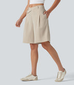 Short tailleur bermuda aspect lin taille mi-haute asymétrique 25 cm avec poches