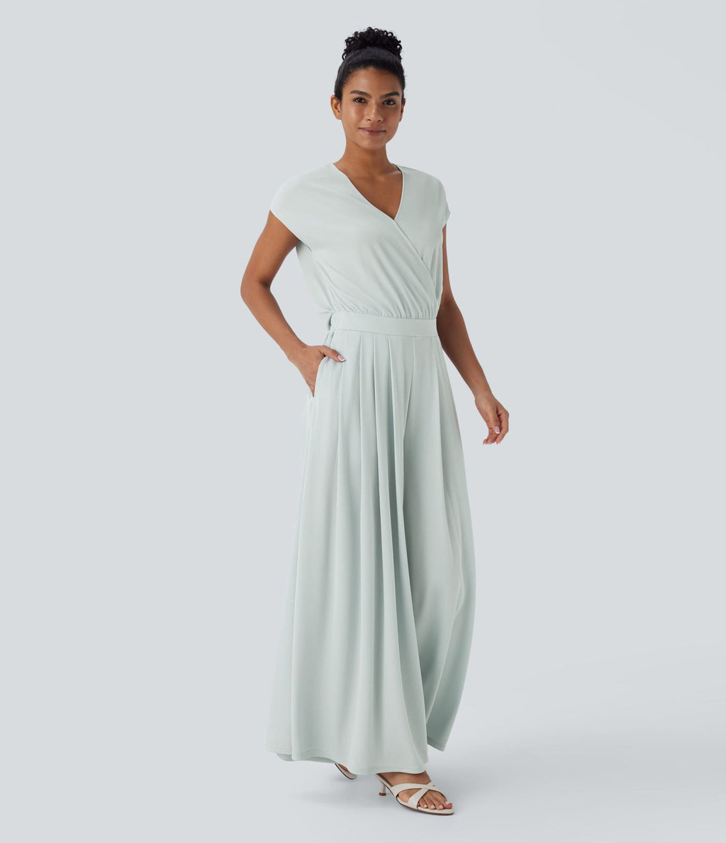 Combinaison fluide en tissu gaufré, col V, manches courtes, jambes larges et poches latérales - Easy Peasy Edition