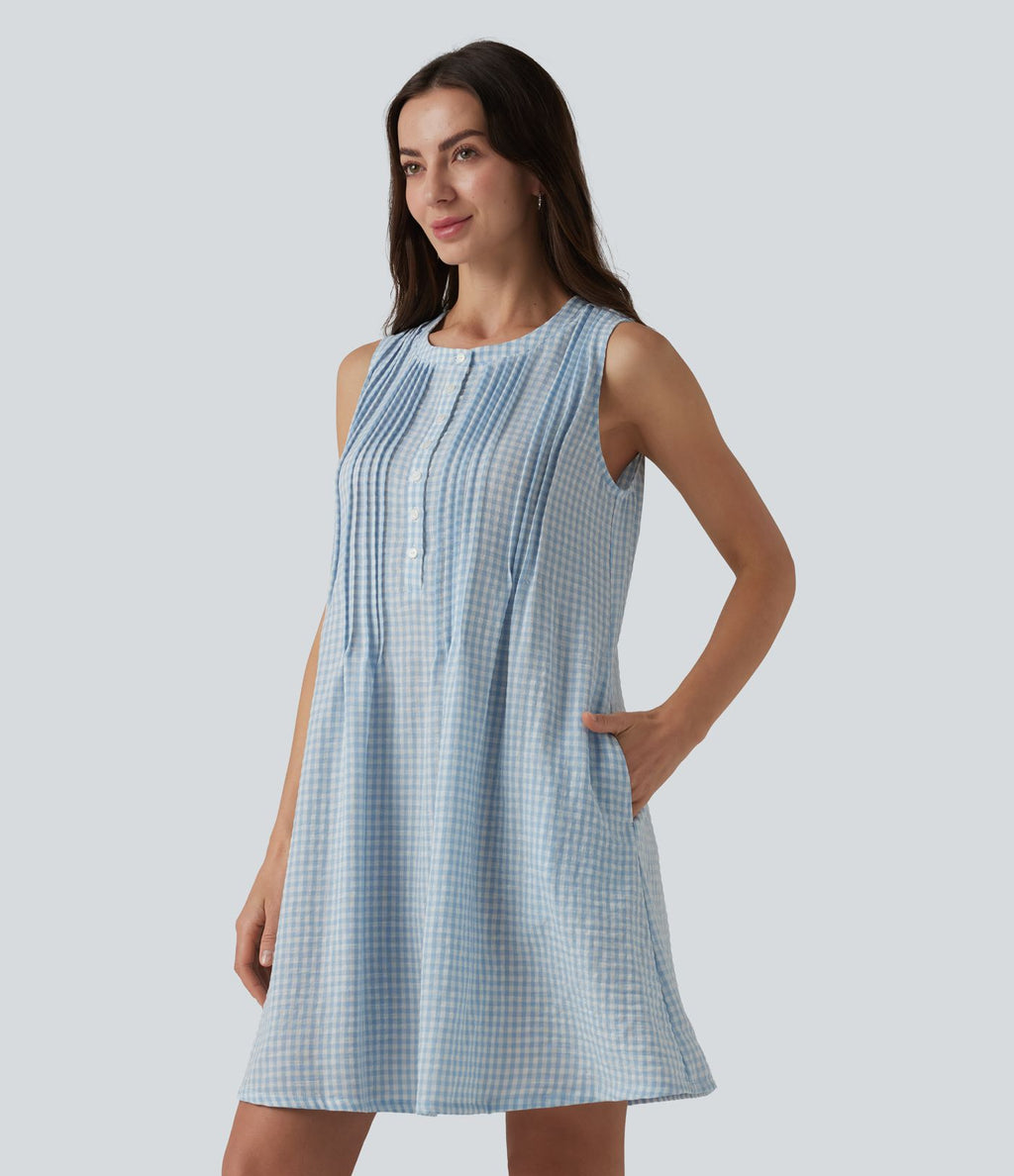 Robe courte sans manches col rond à carreaux aspect lin avec poches