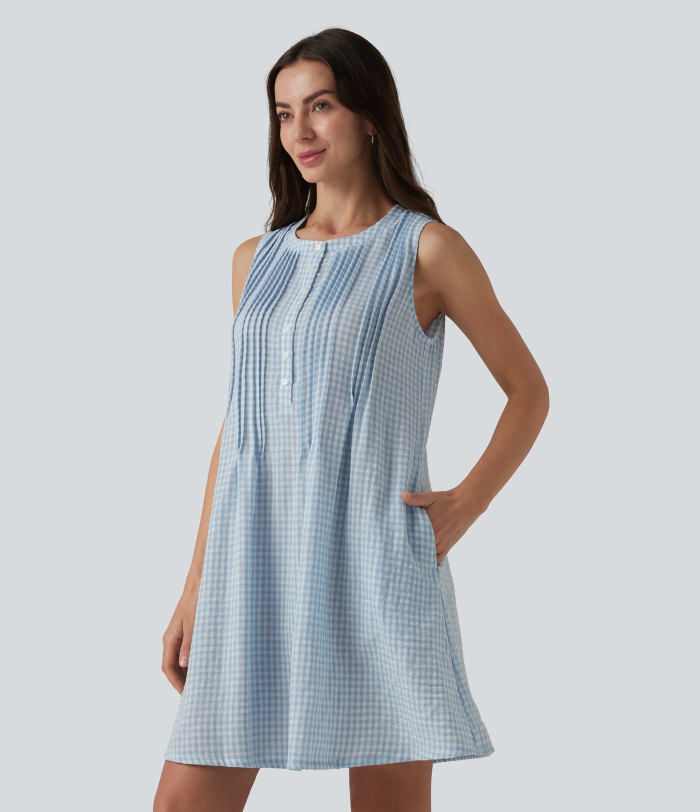Robe courte sans manches col rond à carreaux aspect lin avec poches