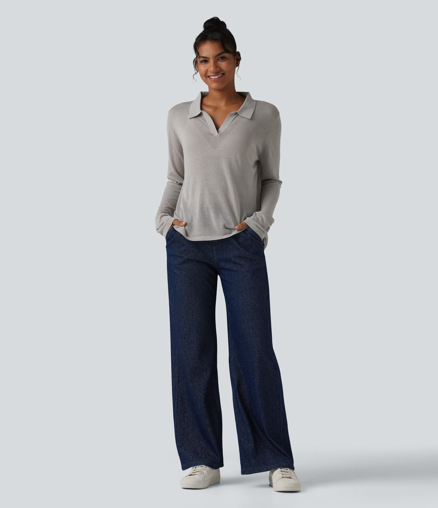 Pull casual en lyocell et lin à col polo et manches longues