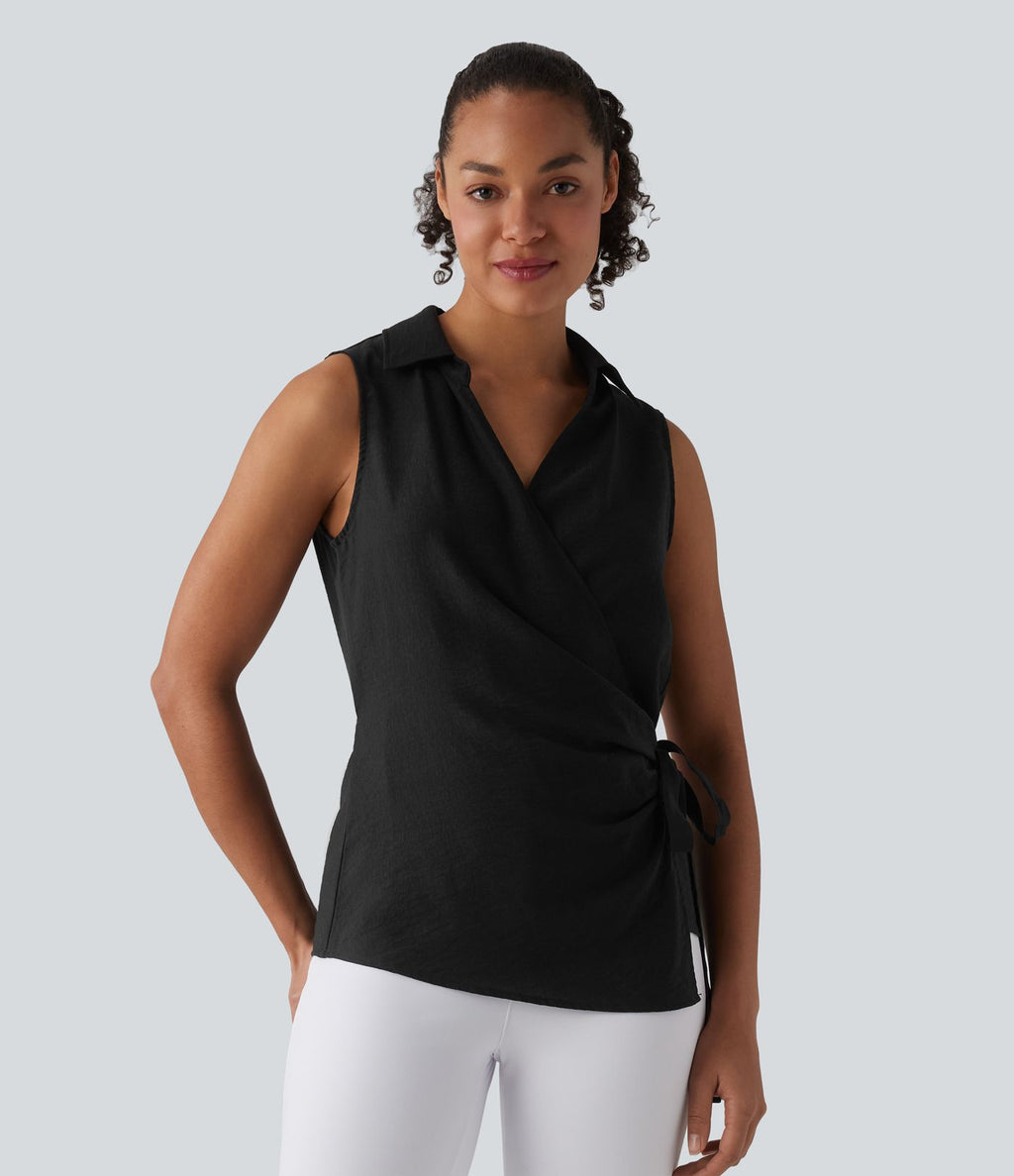 Chemise de travail sans manches col V cache-cœur avec lien latéral