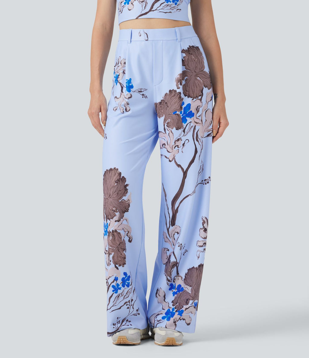 Pantalon décontracté droit à imprimé floral, taille haute, Halara X Yukiko, avec poches