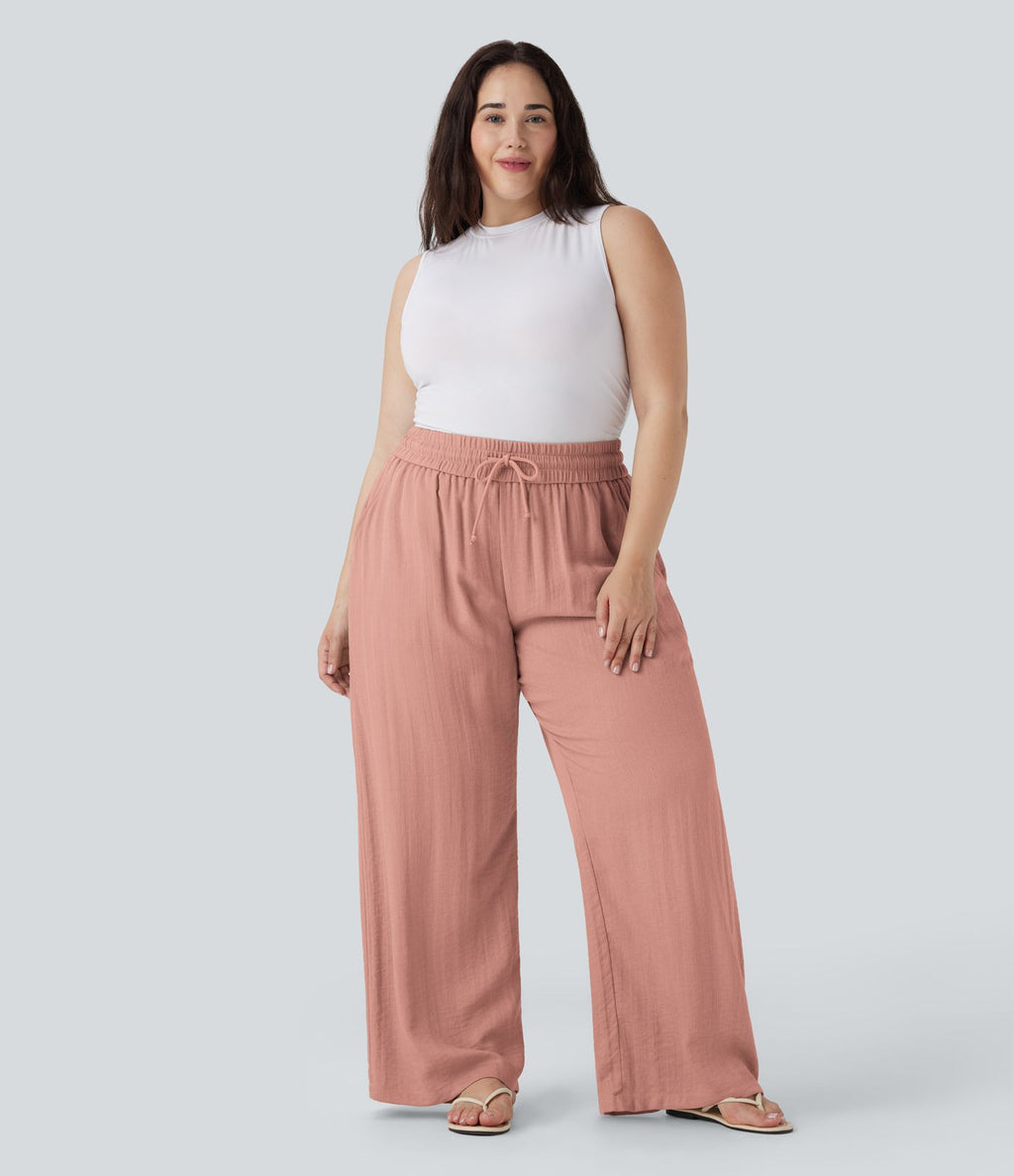 Pantalon décontracté grande taille large fluide taille haute effet lin avec cordon de serrage et poches