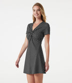 Robe mini décontractée à pois, col V, manches courtes