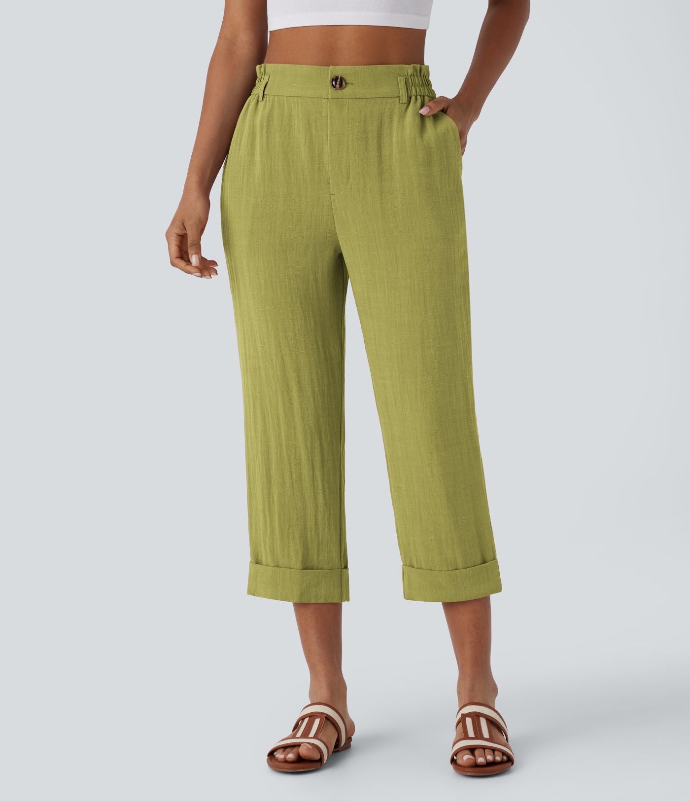 Pantalon capri effet lin taille haute avec poches zippées