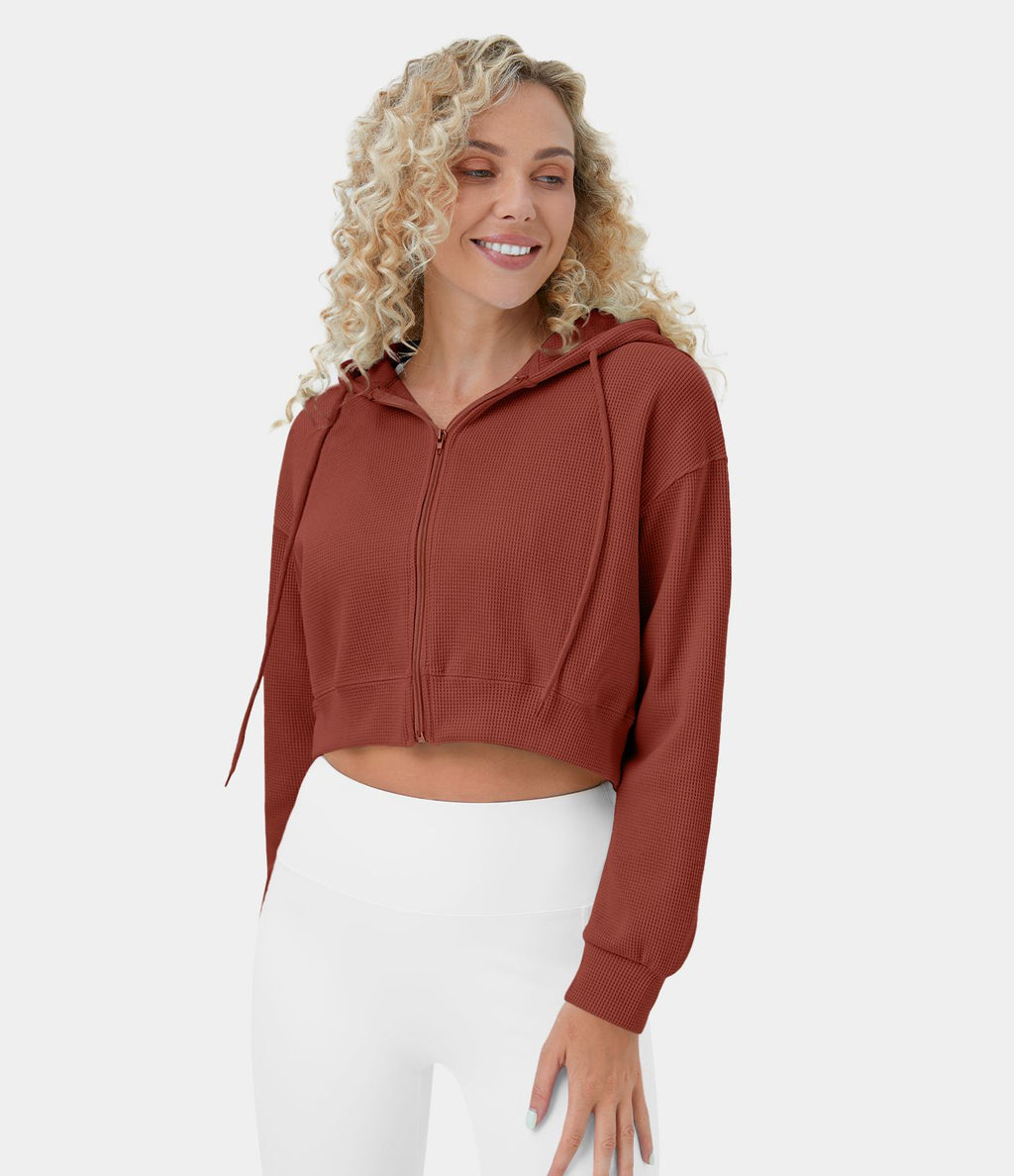 Sweatshirt en Coton Casual à Manches Longues avec Cordon de Serrage et Zipper Style Waffle
