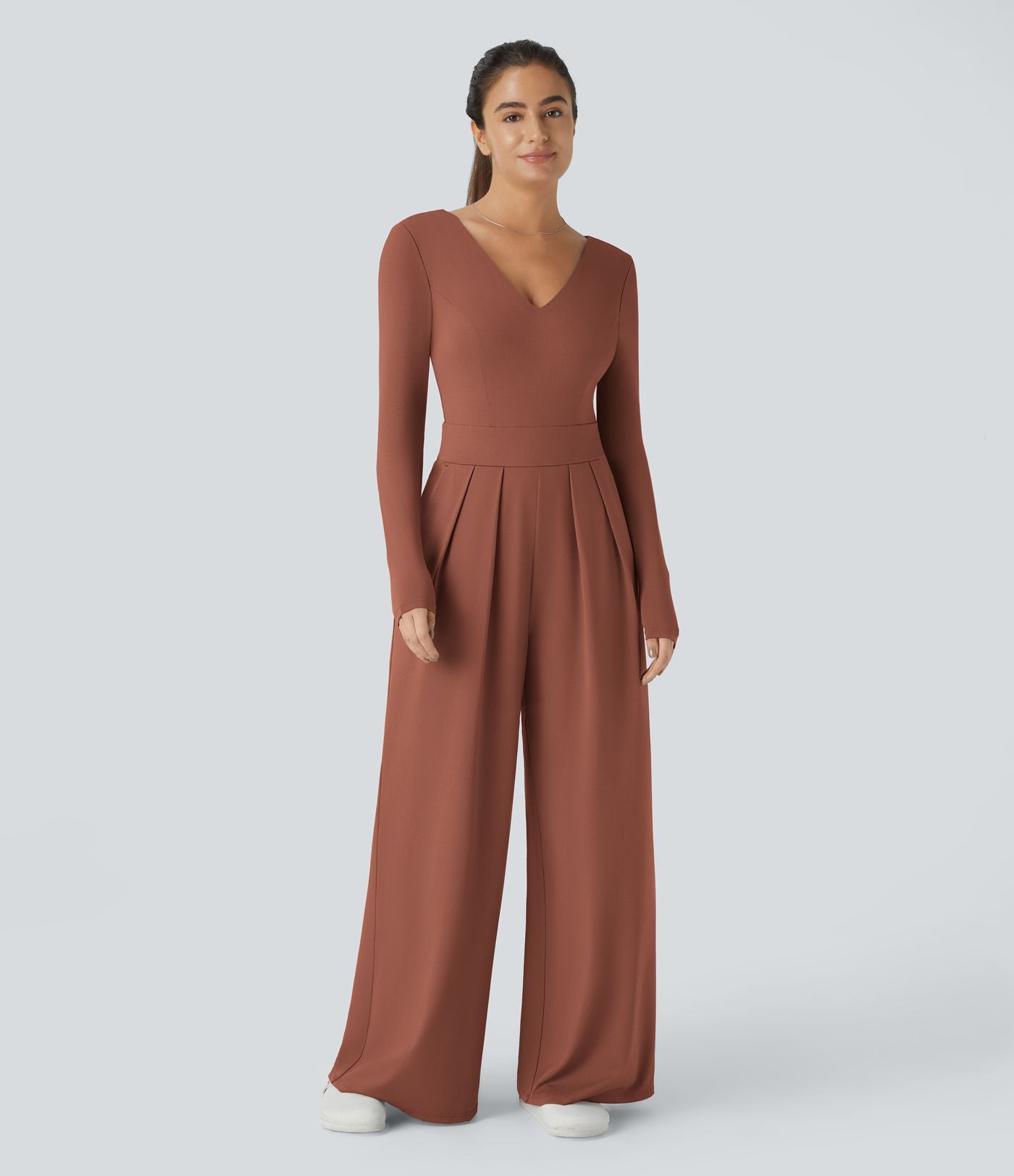 Combinaison Casual à Manches Longues Décolleté en V et Dos Nu Avec Poches Latérales Plissées et Jambes Larges