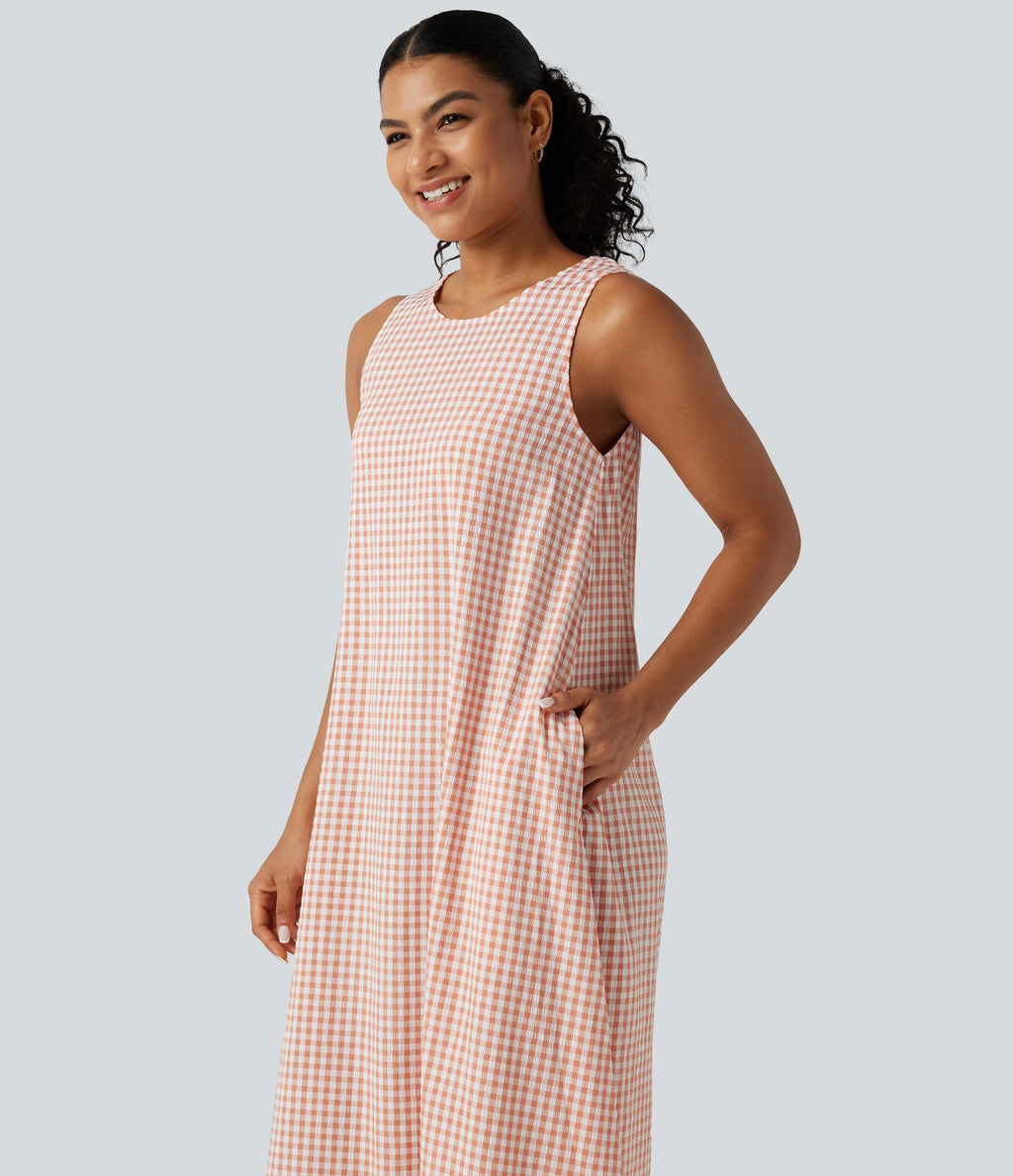 Robe débardeur midi décontractée col rond sans manches en vichy froissé avec poches