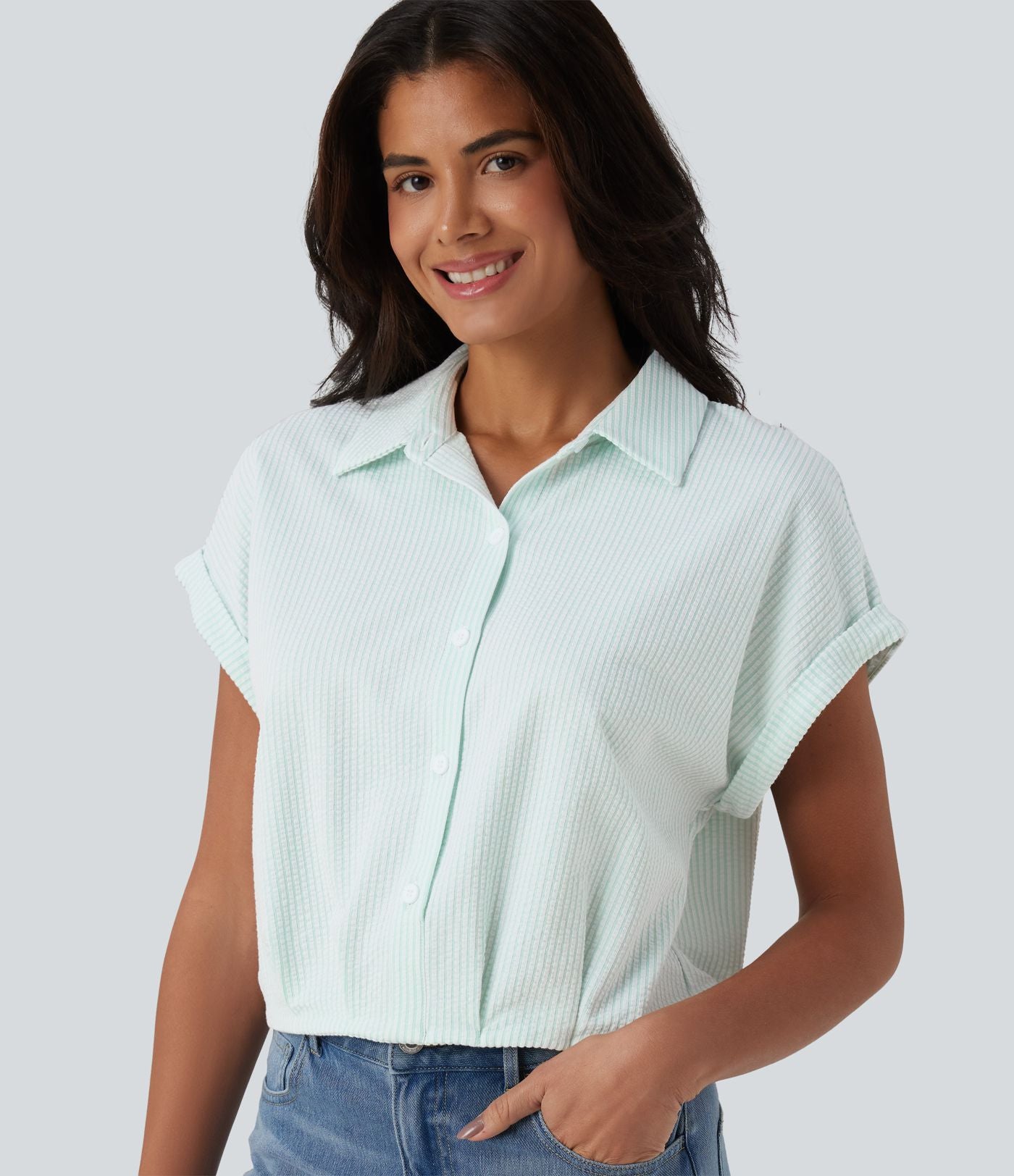Chemise casual coton froissé à rayures col et manches chauve-souris