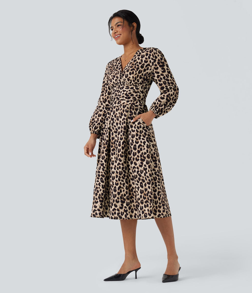 Robe décontractée mi-longue à imprimé léopard, col V, manches longues et lien dos avec poches