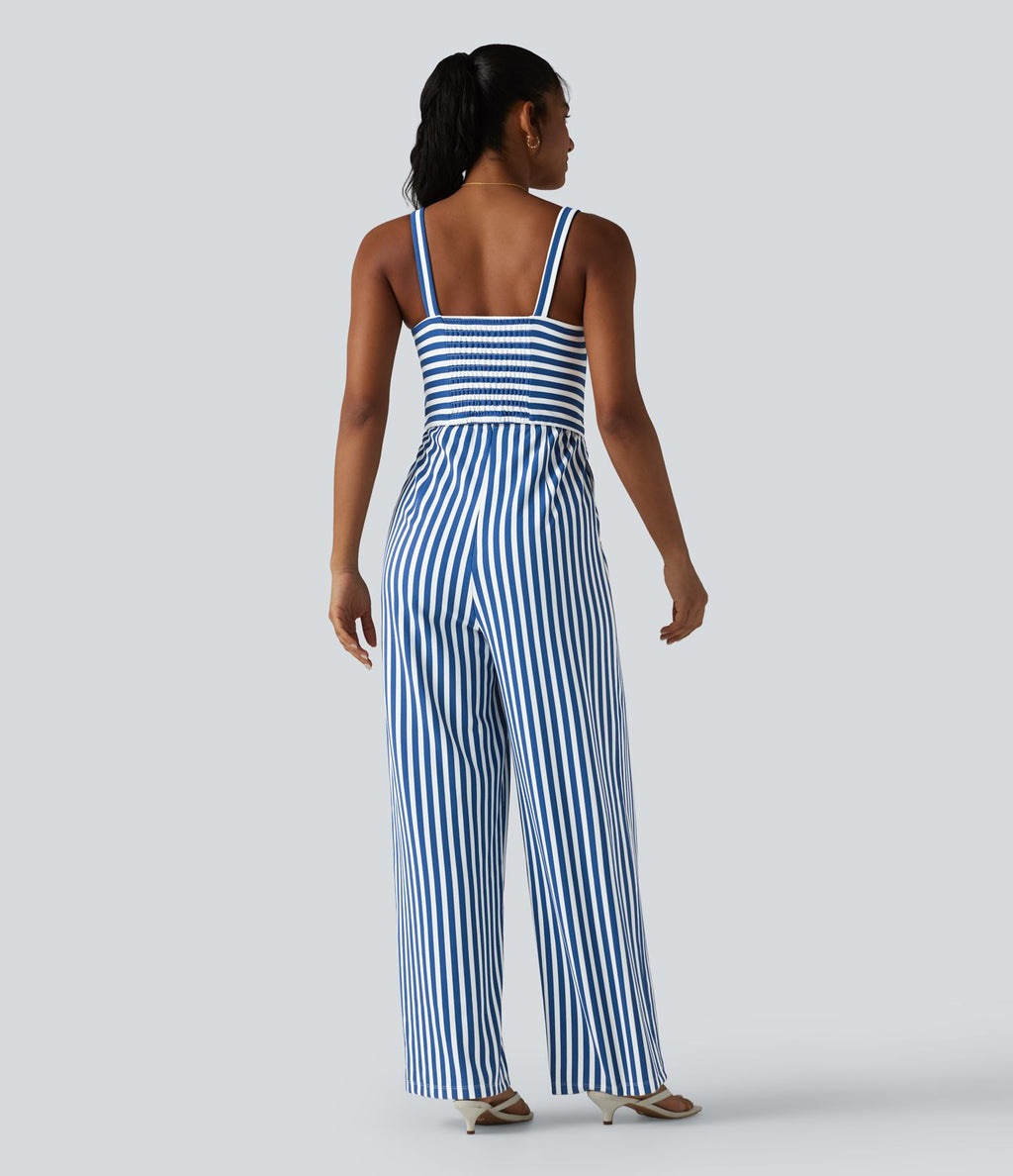Combinaison casual sans manches à rayures en nid d'abeille torsadée froncée fermeture éclair invisible avec soutien-gorge intégré et poches - Easy Peasy