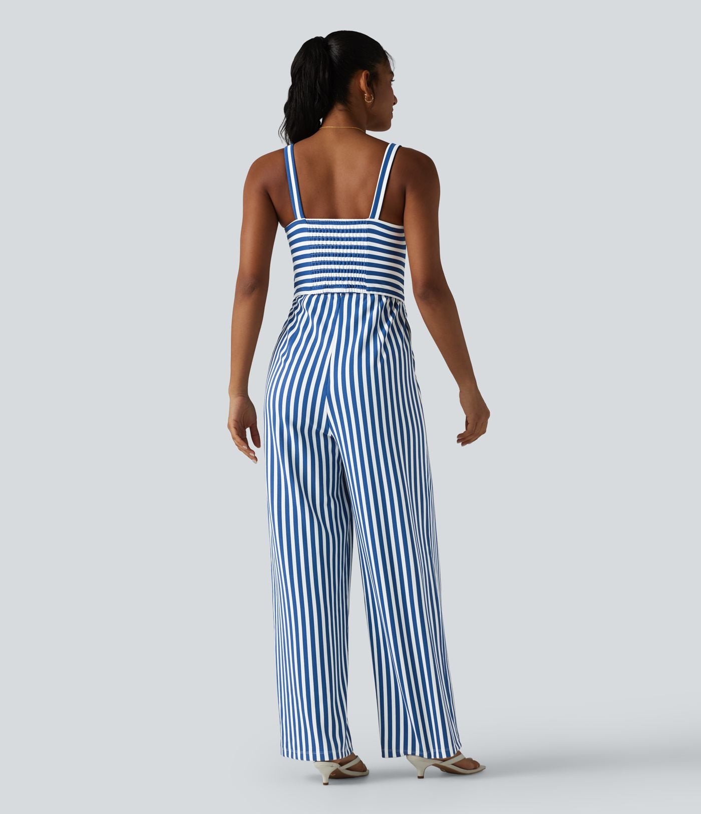 Combinaison casual sans manches à rayures en nid d'abeille torsadée froncée fermeture éclair invisible avec soutien-gorge intégré et poches - Easy Peasy