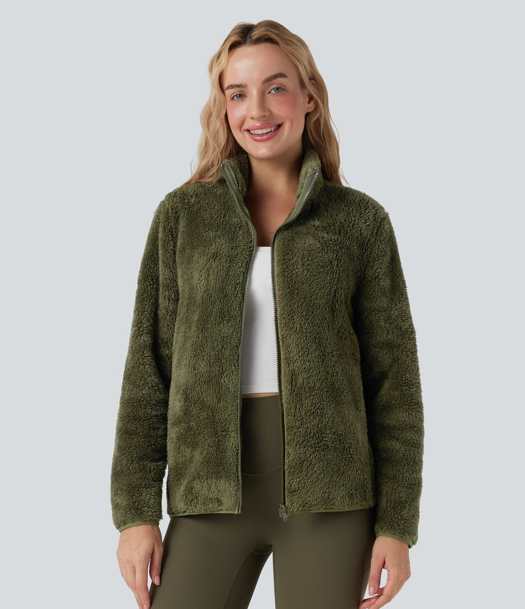Veste décontractée sherpa col montant manches longues avec poches