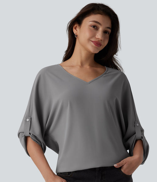 Blouse esprit bureau défroissage facile, col V et manches longues