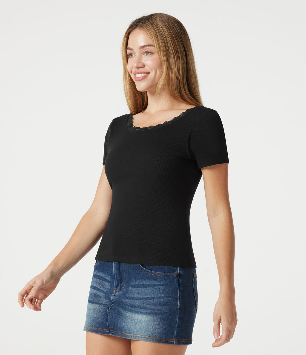 T-shirt décontracté en maille côtelée, col rond échancré, dos en U, manches courtes, brassière intégrée en dentelle contrastée