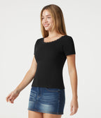 T-shirt décontracté en maille côtelée, col rond échancré, dos en U, manches courtes, brassière intégrée en dentelle contrastée