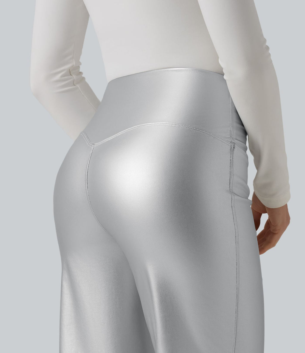 Pantalon similicuir évasé gainant taille haute stretch avec poches