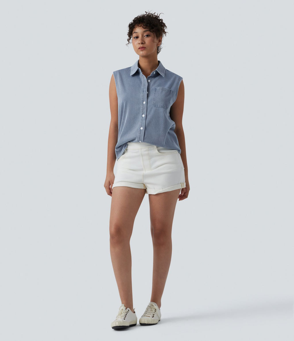 Halara Flex™ Chemise décontractée sans manches en denim avec poche