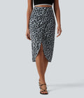 Jupe midi casual tulipe taille haute froncée en tissu gaufré imprimé léopard