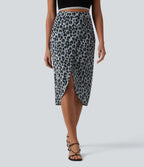 Jupe midi casual tulipe taille haute froncée en tissu gaufré imprimé léopard