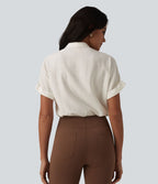 Chemise col V manches courtes aspect lin pour le bureau