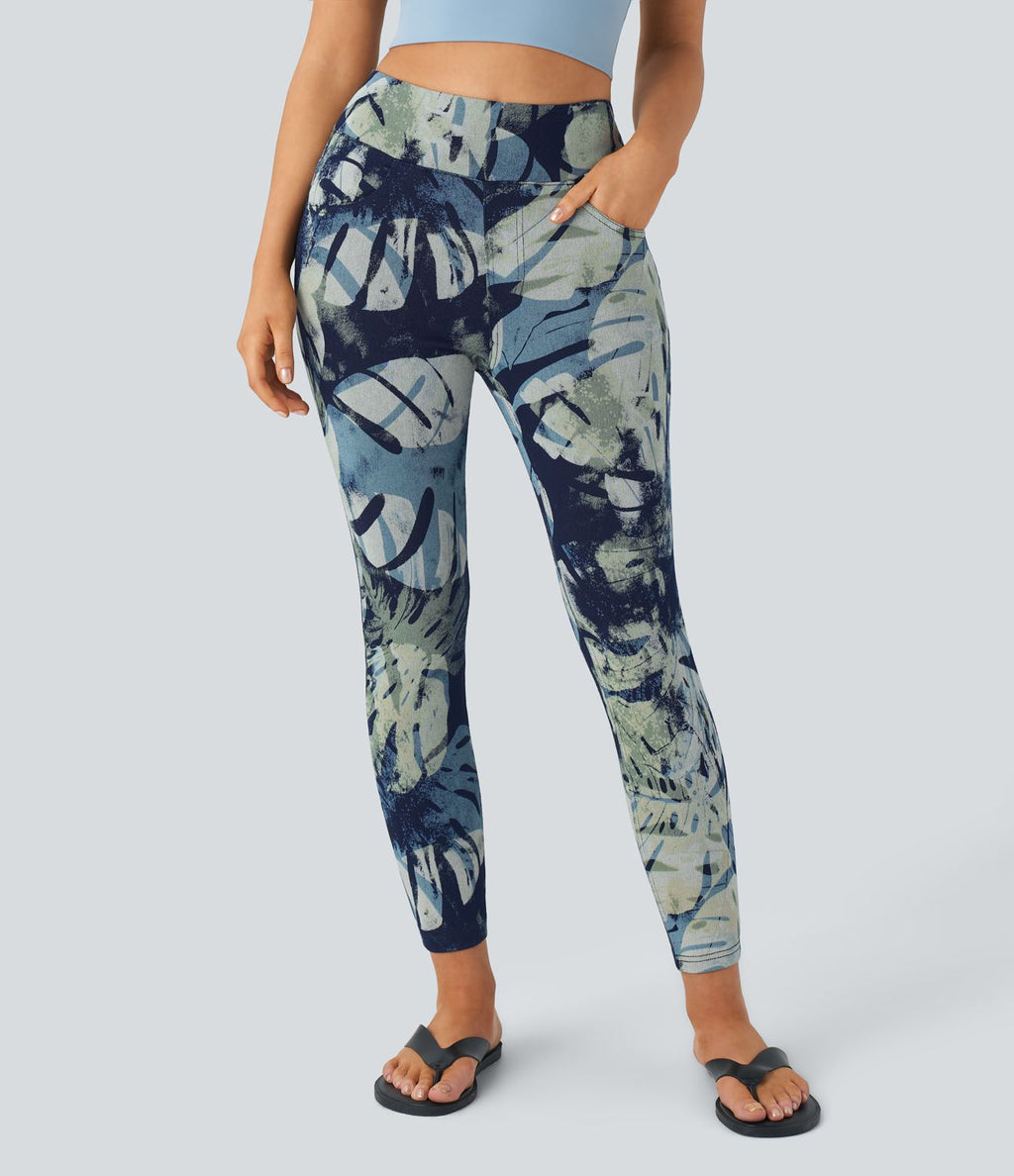 Halara Flex™ Leggings Casual en Denim Tricot Extensible à Taille Haute avec Imprimé Floral et Plusieurs Poches - 7/8