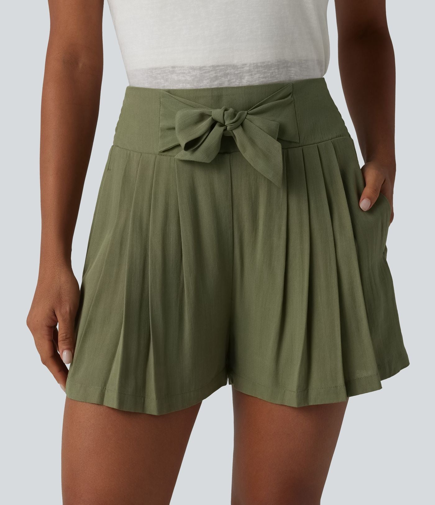 Short casual taille haute à nœud frontal froncé plissé effet lin avec poches