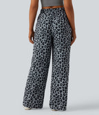 Pantalon large décontracté taille haute imprimé léopard en tissu gaufré avec poches