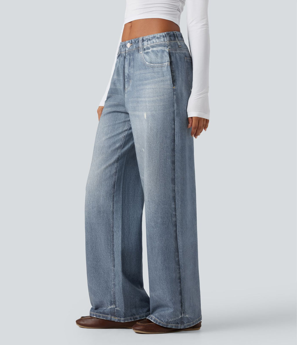 Jogging jean décontracté en molleton French Terry imprimé denim taille mi-haute avec poches