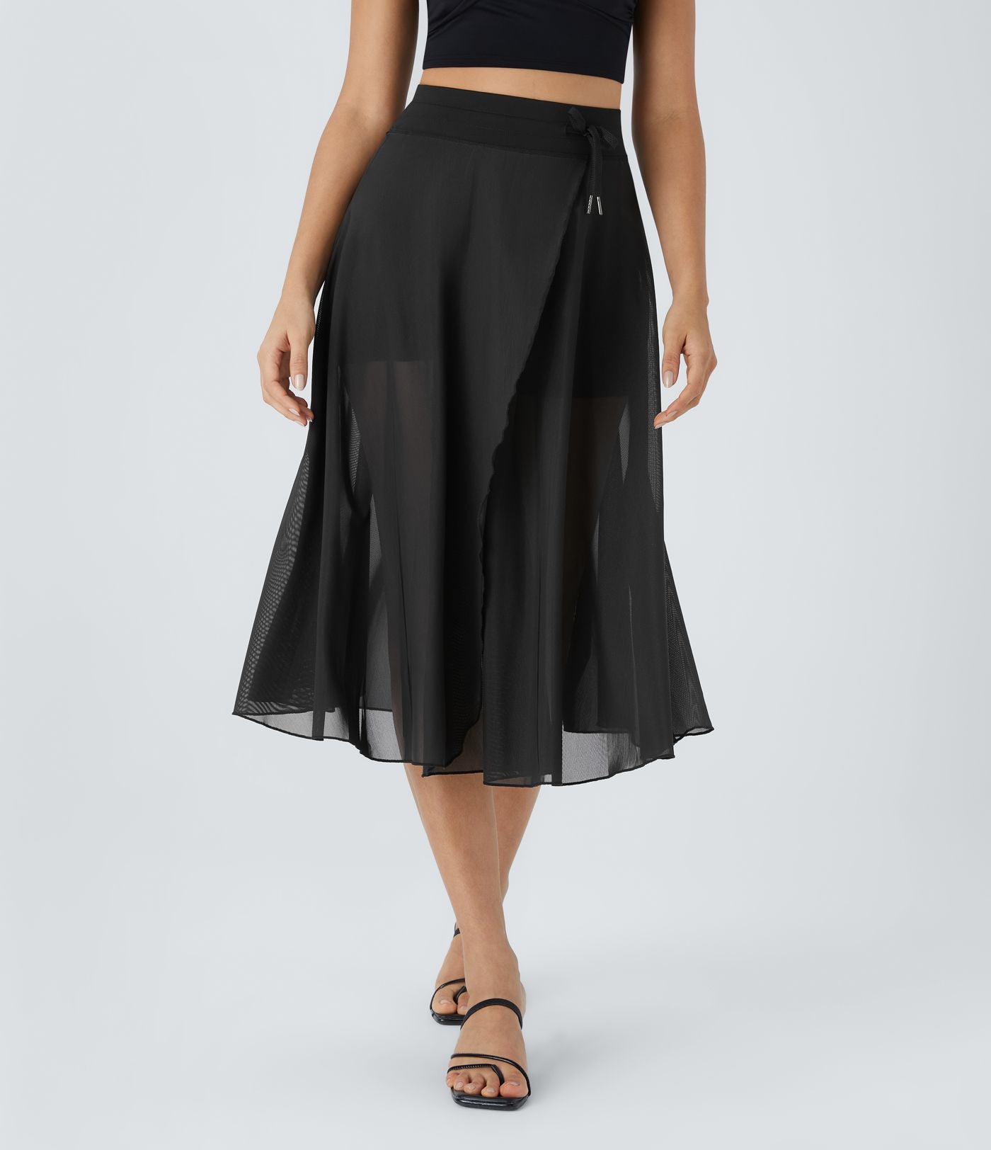 Jupe Casual Évasée Mesh Mi-Longue Fuide 2 en 1 Contrastée Taille Haute Cordon Poche Latérale
