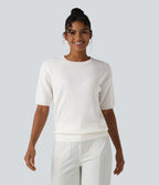 Pull col rond manches courtes en tissu gaufré