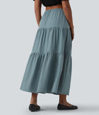 Jupe midi trapèze taille haute en popeline extensible avec poches