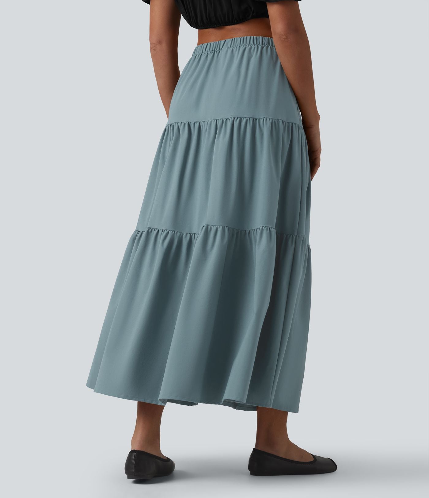 Jupe midi trapèze taille haute en popeline extensible avec poches
