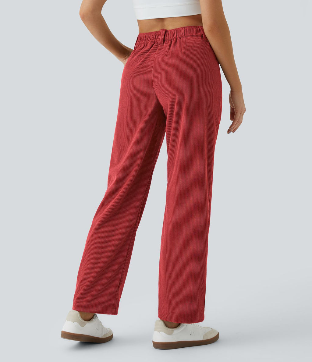 Pantalon en velours côtelé décontracté taille moyenne avec poches latérales