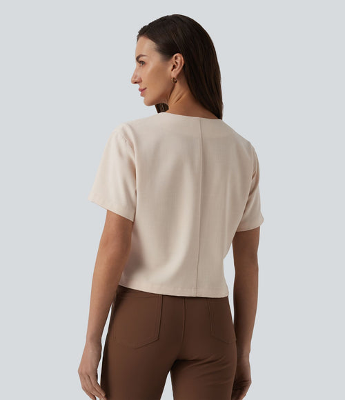 Blouse de travail col V manches courtes aspect lin