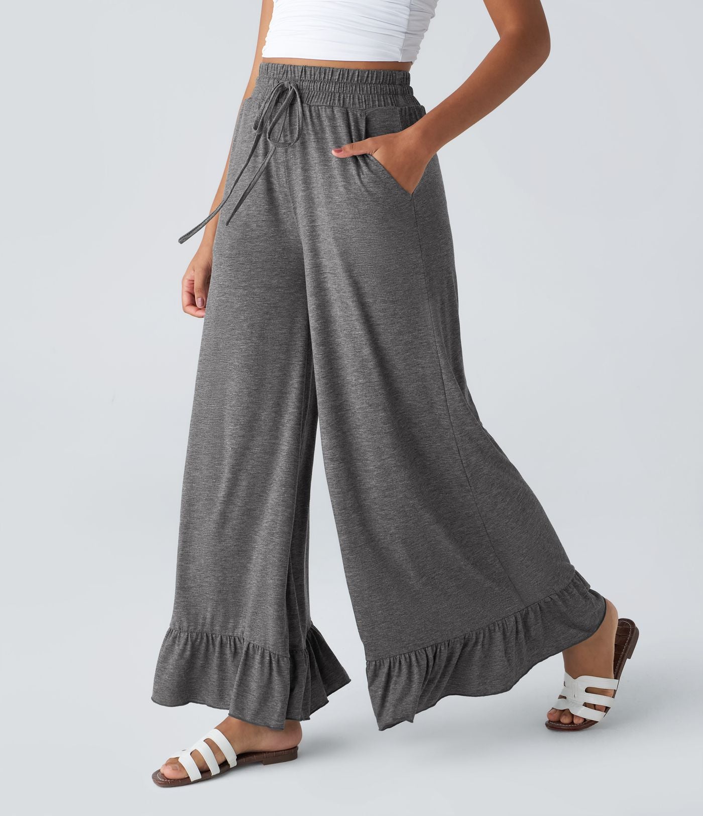 Pantalon Casual à Taille Haute avec Cordon De Serrage Poches Latérales et Volants Jambes Amples
