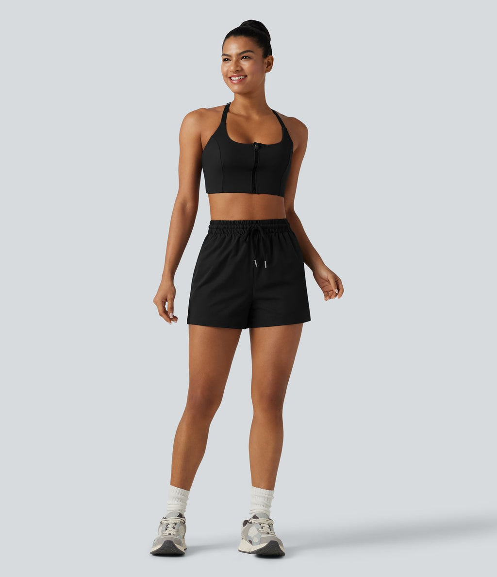 Short de sport baggy taille haute extensible en popeline avec cordon de serrage et poches