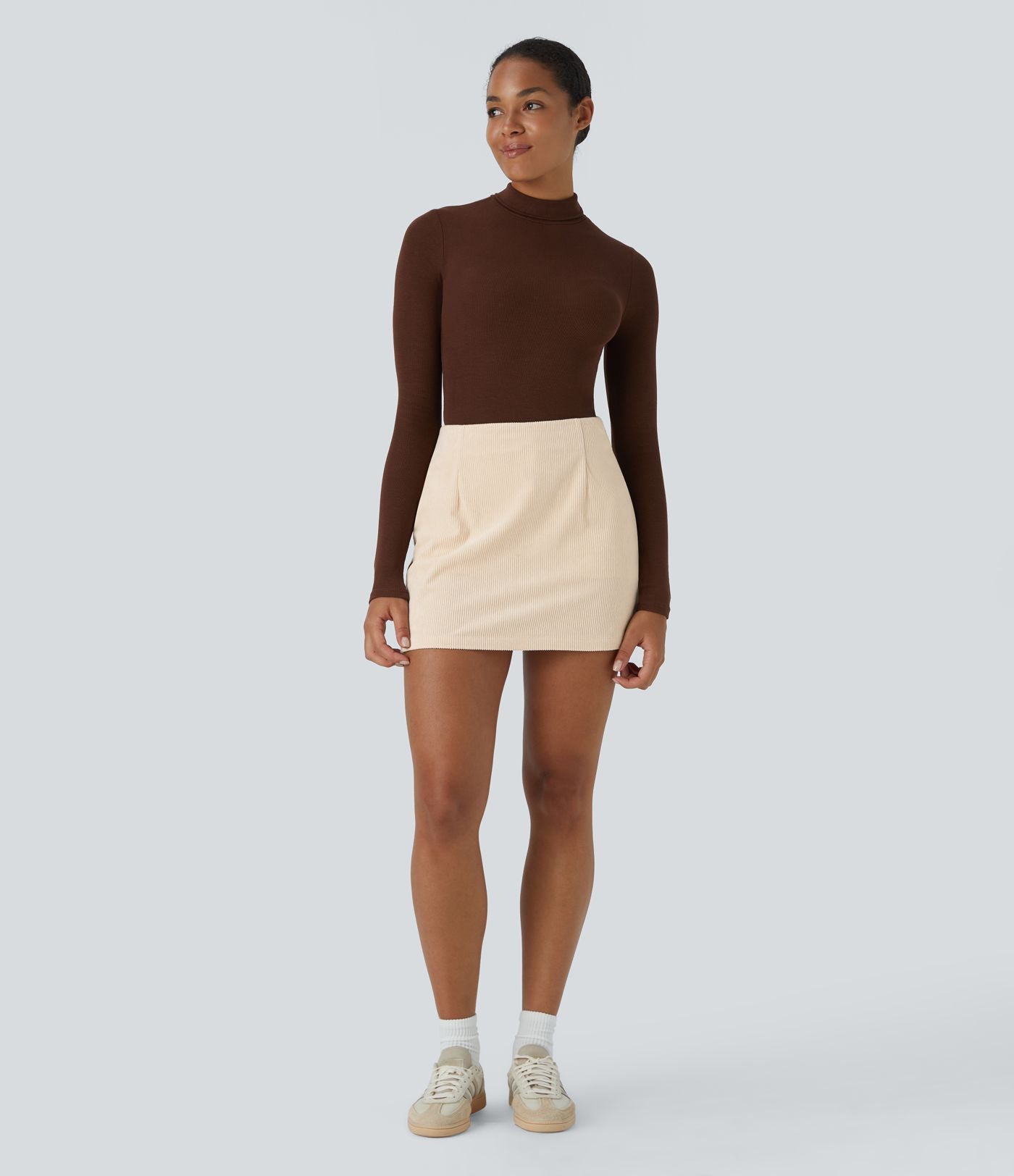 Mini-Jupe Casual en Velours Côtelé 2 en 1 Fermeture Éclair Invisible Taille Haute