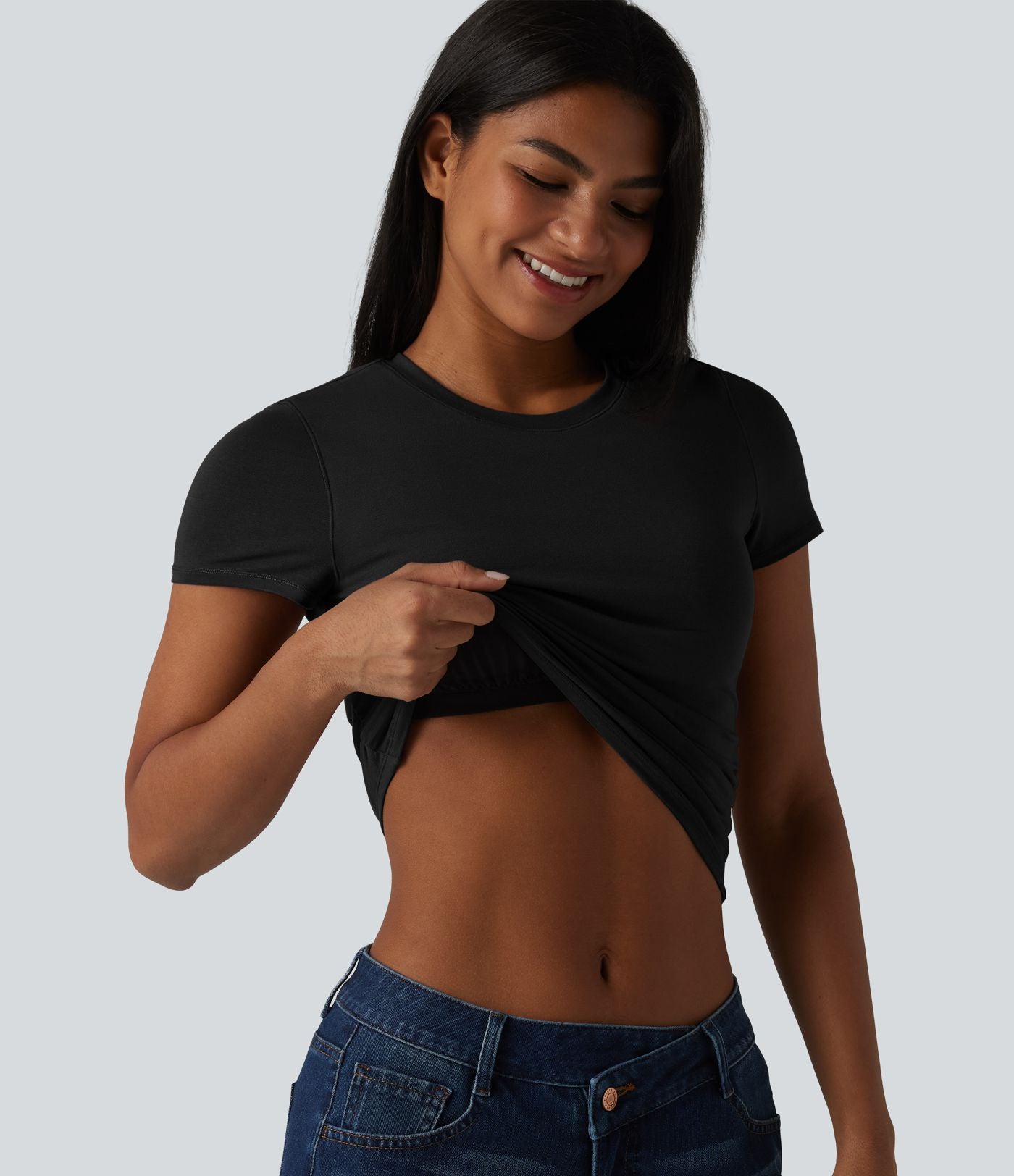 T-shirt casual Halara en jersey de coton col rond à manches courtes froncé avec brassière intégrée