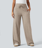 Pantalon jogging large décontracté côtelé gainant taille haute avec cordon de serrage et poches